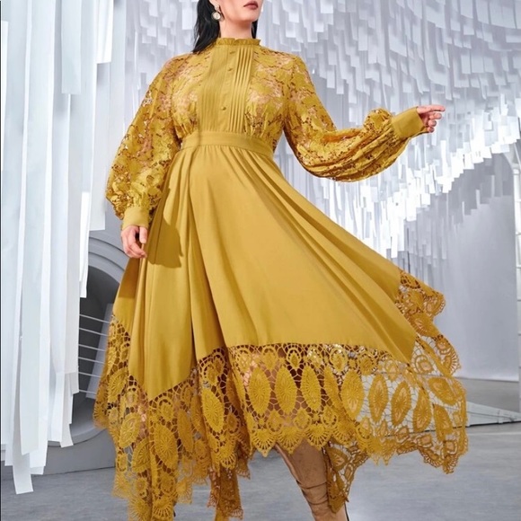 Brand New! Guipure Lace Insert Lantern Sleeve Dress - Picture 1 of 3